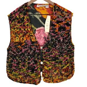 VTG NWT Tangibles Mixed Media Knit Floral Back Vest Women's M Multicolor Button